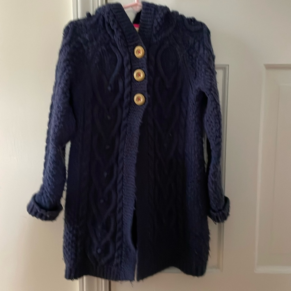 Mini Boden Girls Blue Hooded Cable Knit Sweater Cardigan Size 5-6Y
